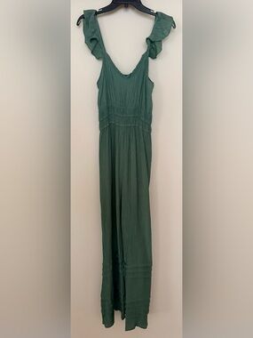 MAX+ASH V-Neck Wide-Leg Ruffle Strap Green Jumpsuit - Size XL